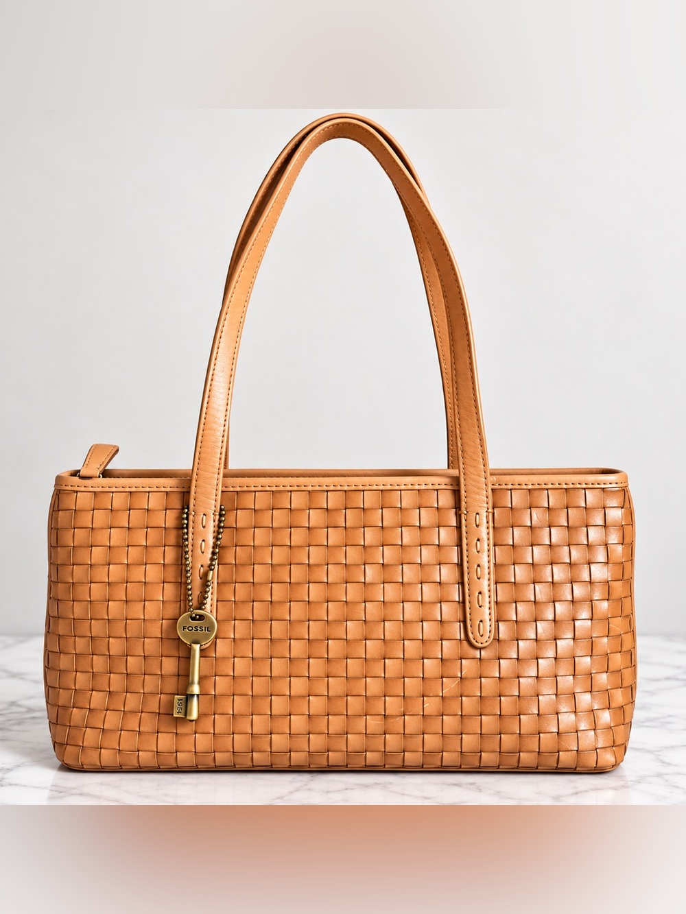 Vintage Fossil Woven Leather Shoulder Bag 75082 Y2K Key Charm